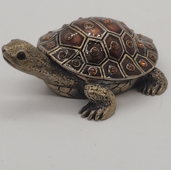 Turtle Enamel Topaz Rhinestone Brass Hinged Pill Trinket Box Vintage Tortoise - Picture 11 of 13